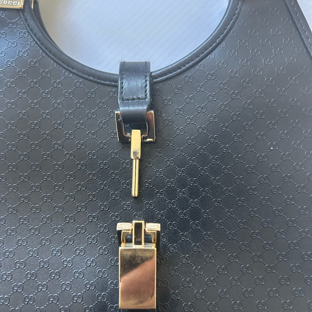 Gucci- AUTHENTIC- Black Leather Monogram Bag w/ Gold, Very Rare - Picture 9 of 11